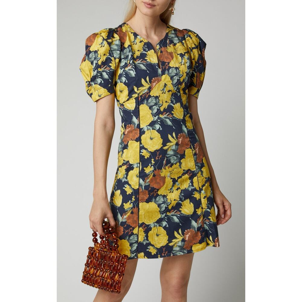 Sea New York Ella Puff Sleeve Dress Size 10 Cotton‎ V-Neck Yellow Navy Mini